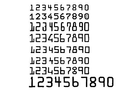 Numbers 1 2 3 4 5 6 7 8 9 and 0 typed in eight different fonts.