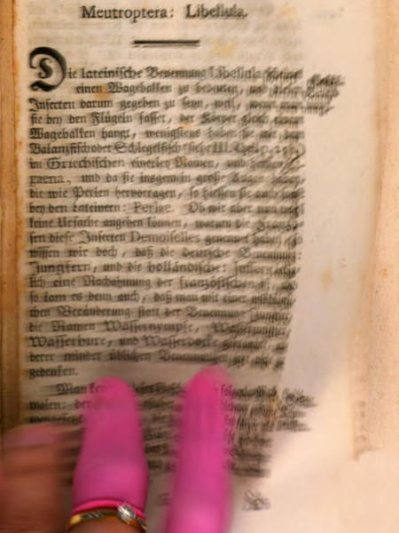 Scan of an old book page, blurred. On the bottom a hand wearing pink caps on two fingers.